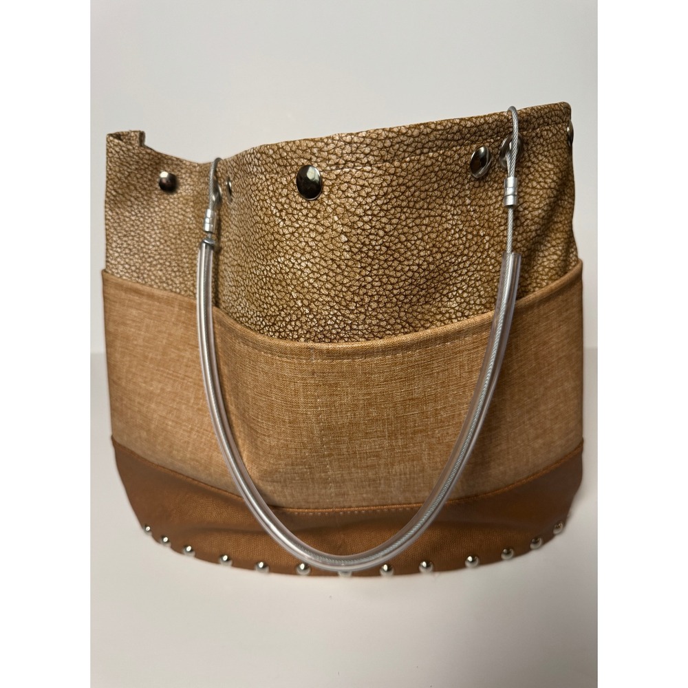 Hardwear by Renee Mixed Media Studded Tote Bag Brown Tan Cable Handles